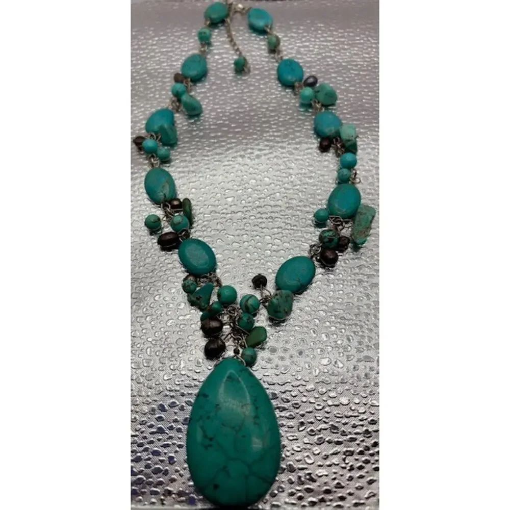 Turquoise Style Beaded Stone Necklace and Earring Set - Nickel and Lead Free - Picture 6 of 7